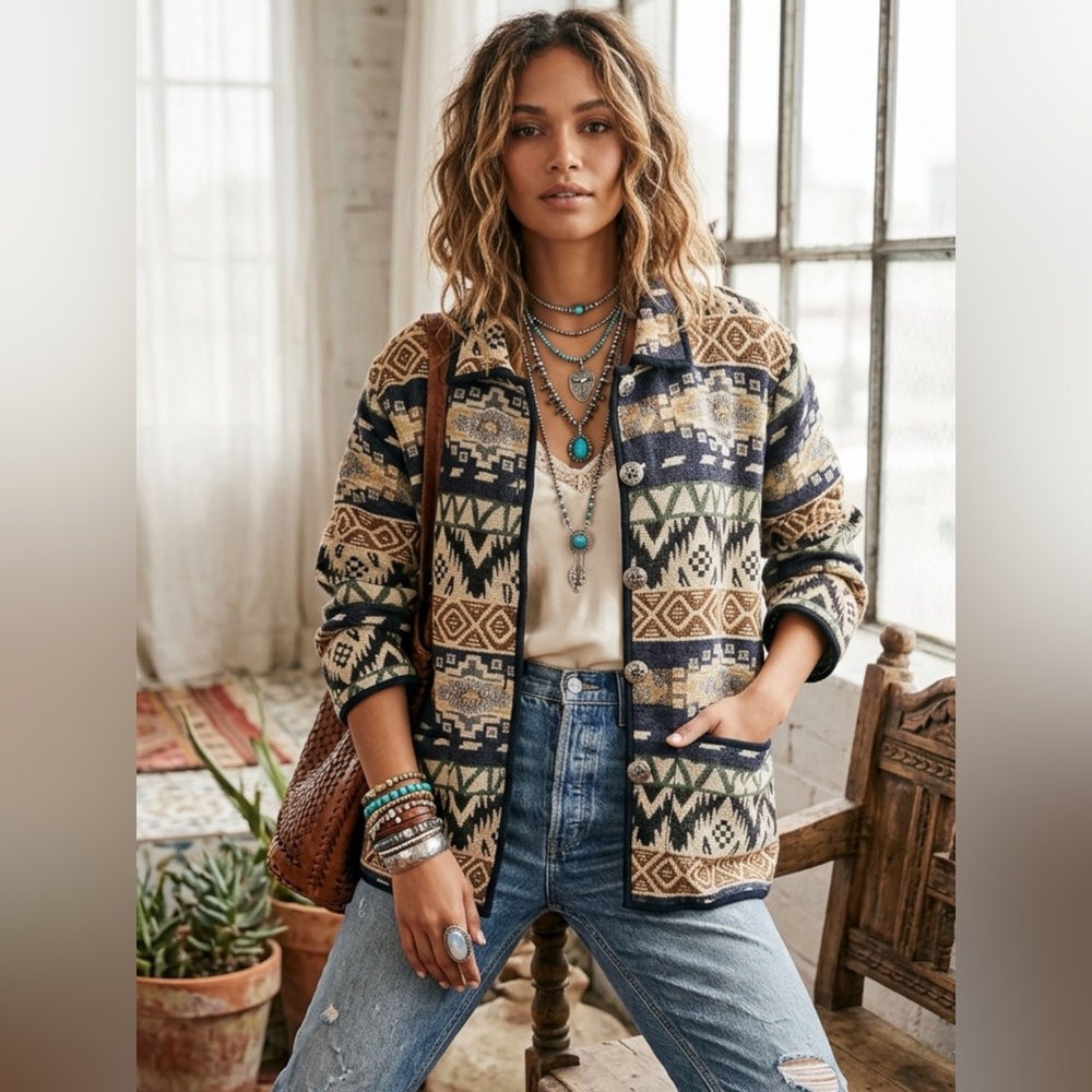 VTG 90s Jane Ashley Woman Tapestry Jacket 2X Blue Aztec Southwest Boho Boxy Coat